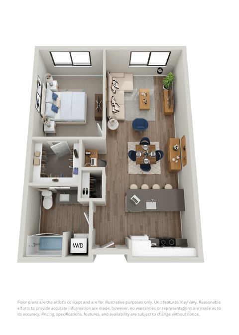 Floor plan for 1 bed, 1 bath, 752 sqft